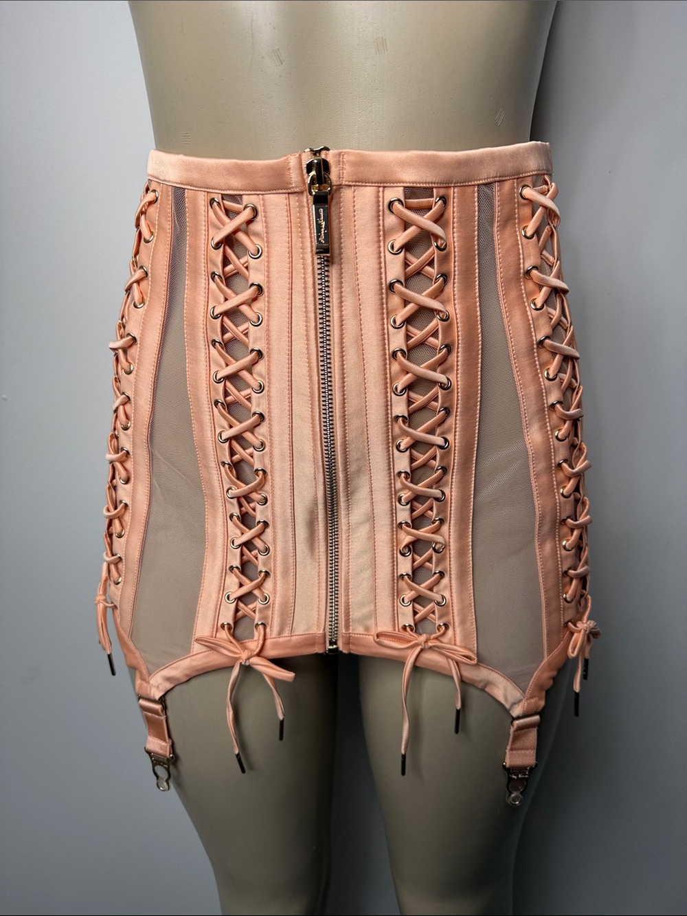 Honey Birdette Peach Lace-Up Garter Skirt with Front Zip